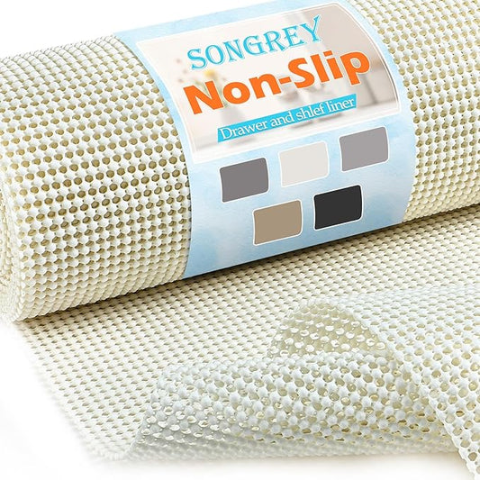 Songrey Non-Adhesive Drawer and Shelf Liner, Non Slip Cabinet Liners, Protect Kitchen Cupboard, Bathroom Drawers, Breathable, Thick Strong Grip mat (20IN x 20FT, Cream)