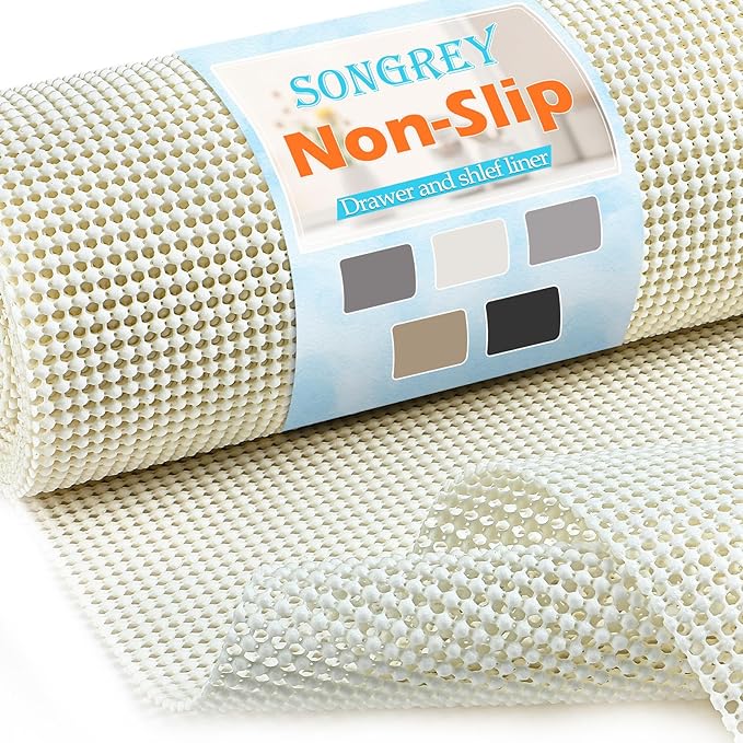 Songrey Non-Adhesive Drawer and Shelf Liner, Non Slip Cabinet Liners, Protect Kitchen Cupboard, Bathroom Drawers, Breathable, Thick Strong Grip mat (12IN x 10FT, Cream)