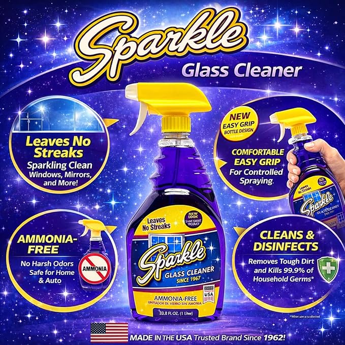 Sparkle Ammonia-Free Glass Cleaner Refill, Heavy Duty Streak-Free Window & Mirror Cleaner Spray, Original Formula, 2L Bottle (Pack of 2)