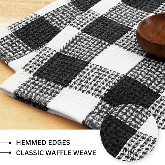 PurpleEssences 100% Cotton Waffle Weave Check Plaid Kitchen Towels, Super Soft and Absorbent Dish Towels for Drying Dishes 15 x 25-4 Pack - Christmas Holiday Winter - Black and White