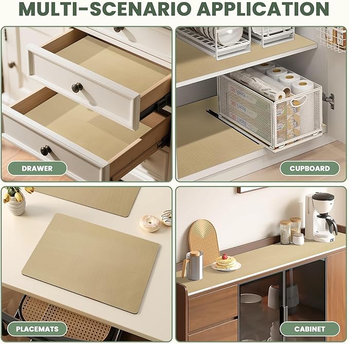 Drawer Liner and Shelf Liner for Kitchen Cabinet Liner Non-Adhesive Non-Slip Shelf Paper, Thick Strong Grip Waterproof Easy to Clean for Shelves, Cupboard, Desks, Khaki, 17.5 in x 20 FT