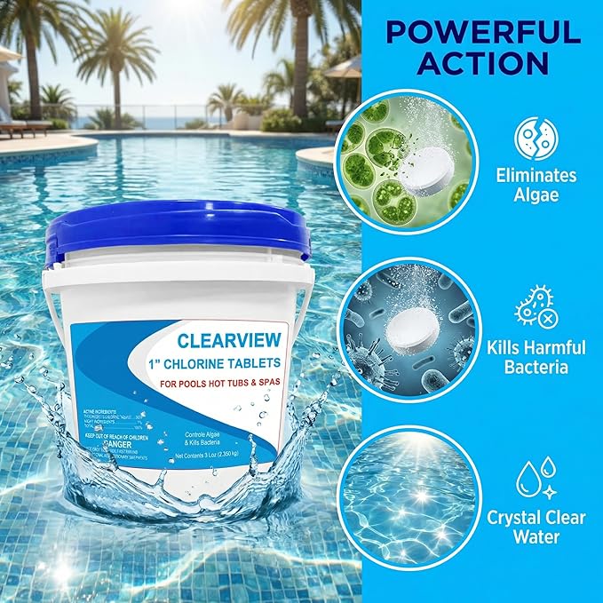ClearView Chlorine Tablets 1 Inch 5 Lbs for Swimming Pools, Long-Lasting Stabilized 1" Chlorinating Tablets for Spa Hot Tub Chemicals, Pool Chlorinating Sanitizer 90% Available Chlorine