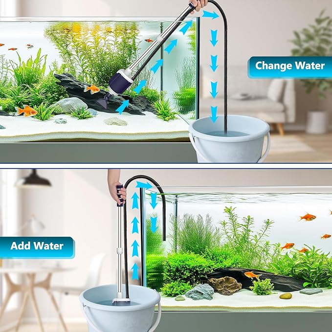 AQQA DC Fish Tank Cleaner, Electric Aquarium Water Changer with 6-in-1 Cleaning Heads & 3-Stage Filter Cup – Stainless Steel Handle Gravel Vacuum for Fish & Turtle Tanks, Adjustable Flow 34W 600GPH