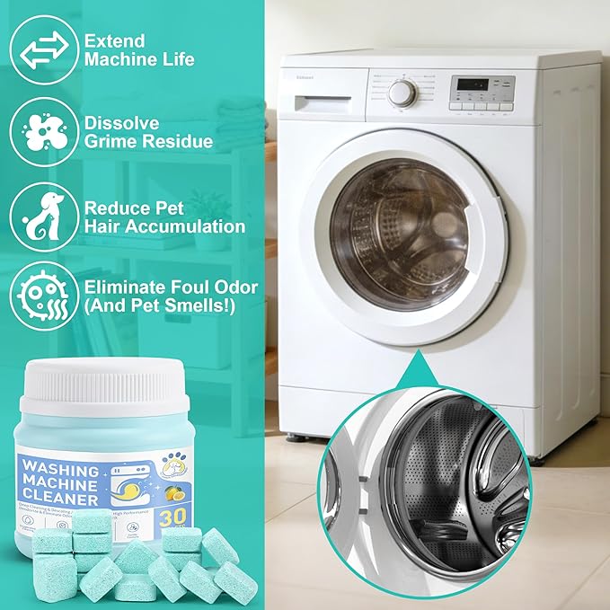 Washing Machine Cleaner Tablets, 30 Pack Deep Cleaning Pods for Front ＆ Top Loader, Natural Formulared for Pet Owners, Heavy Duty, Septic Safe, Over 12 Month Supply, 15G, Blue