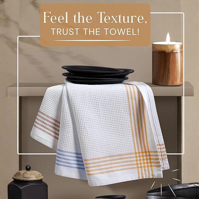 Waffle White & Multi Colors Kitchen Towels Set of 12, 100% Cotton, 16x26 inches, Durable Dish Towel, Quick Dry Dishcloths, Ideal for Drying, Wiping - Mustard Yellow, Sky Blue, Brown
