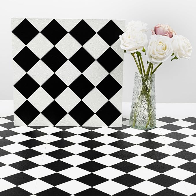 Elffloor Peel and Stick Floor Tile: 10pc 11.8 * 11.8in Self-Adhesive Waterproof Vinyl Flooring Black and White Tiles Sticker for Bathroom, Kitchen, Bedroom, Living Room ﻿