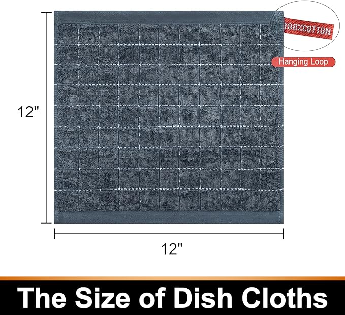 Mordimy 100% Cotton Terry Cloth Dish Cloths, Soft and Absorbent Checkered Dish Towels, Quick Drying Dish Rags for Washing Dishes, 12 Pack, 12 x 12 Inches, Grey