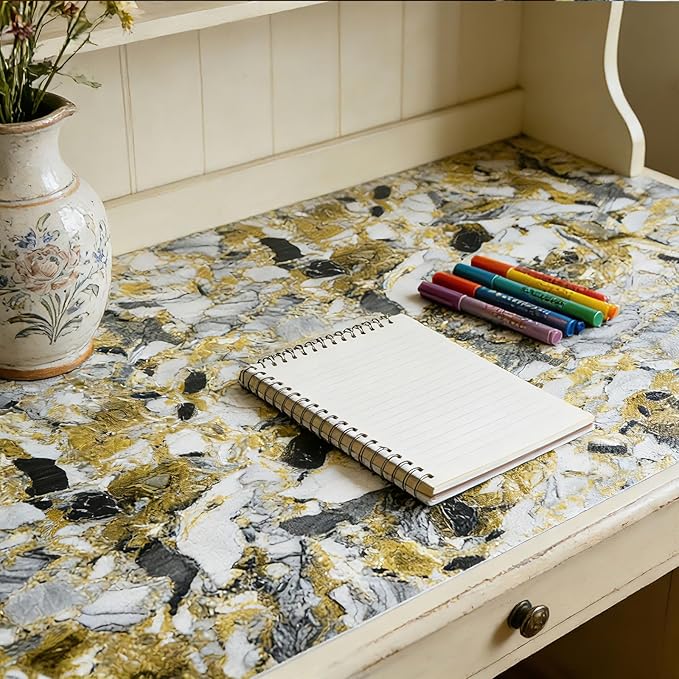 Drawer and Shelf Liner - Yellow Black Marble Pattern,Non Adhesive Non Slip Waterproof Easy-Clean Liner for Kitchen Cabinet, Refrigerator, Bathroom, Pantry Storage Drawers, 17 in x 20 Ft