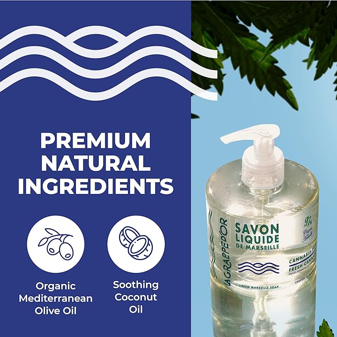 La Grappe d'Or Fresh Cannabis Scent Marseille Hand Soap with Essential Oils | Handmade in France from Moisturizing Organic Olive & Coconut Oil | Natural, Cruelty-Free & Vegan, 11.10 oz Liquid