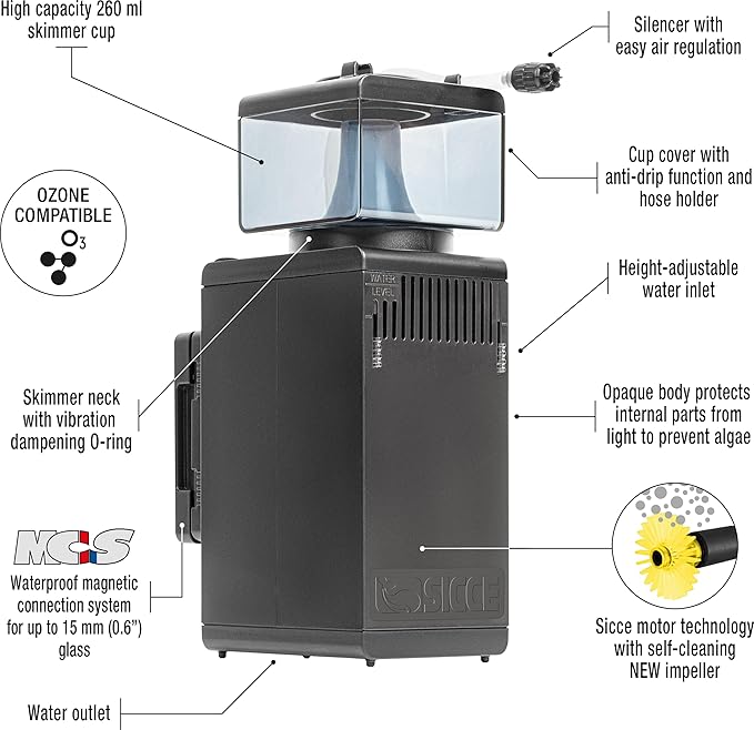 Sicce Shark Nano Protein Skimmer 300 up to 80 Gallon Saltwater Aquariums | Ultra Quiet Pump, Adjustable, Compact, Small Aquarium Marine Reef Tank