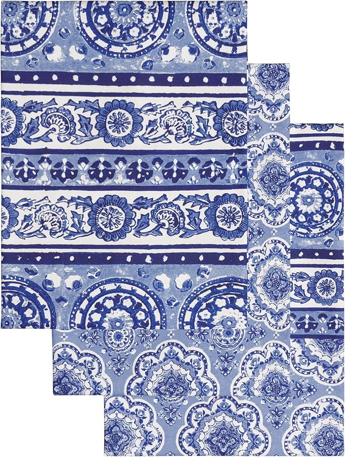 Maison d'Hermine Kitchen Towels Set of 3 100% Cotton 27.50" x 20" Reusable Cloth Tea Dish Towels Absorbent with Hanging Loop for Kitchen, Home, Dining, Cocktail Parties Spring/Summer (Melodie Bleue)