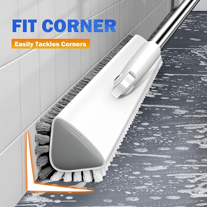 Grout Brush with Long Heavy Duty Handle, 180° Swivel Floor Scrub Brush, V-Shaped Grout Line Scrubber with Stiff Bristles, Cleaning Brush for Deep Cleaning Tile Grout, Shower, Kitchen, and Concrete