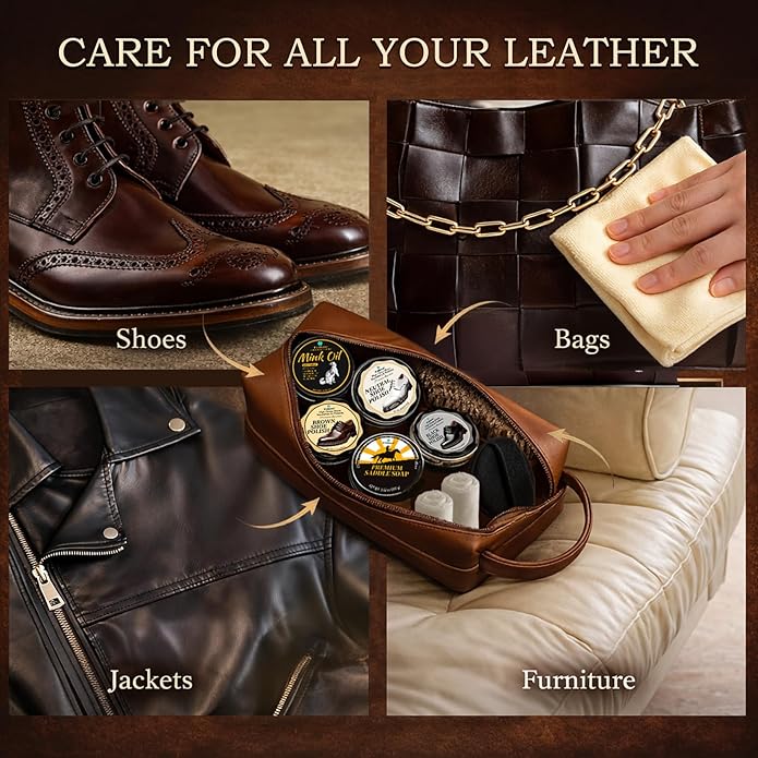 Shoe Care Kit – 16-in-1 Leather Shoe Polish, Cleaning & Conditioning Kit with Saddle Soap & Mink Oil – Black/Brown/Neutral Shoe Polish, 3 Horsehair Brushes – Luxury Leather Bag – Gift for Men & Women