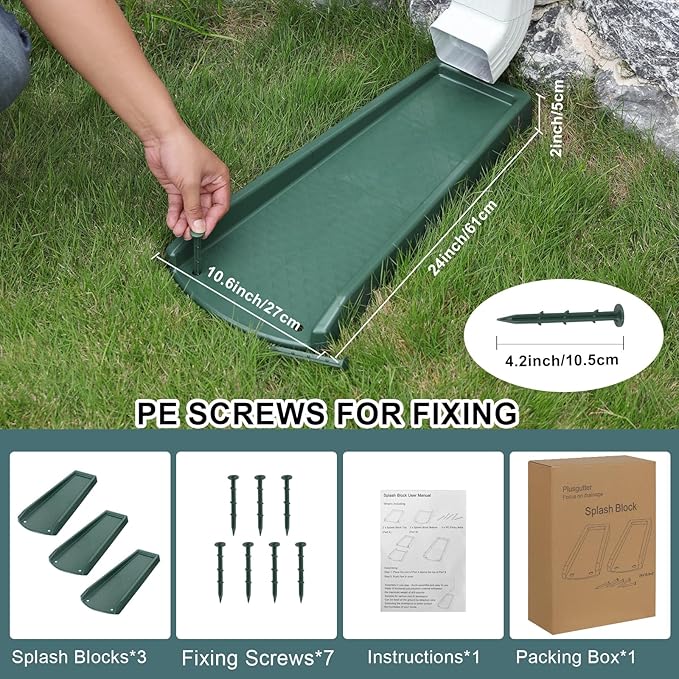 Rain Gutter Downspout Splash Block, Gutter Downspout Extensions for Water Drainage, 24" Gutter Splash Guards Downspout Extender, Fixable Down spout Drain Trays with PE Nails(3 Pack, Green)
