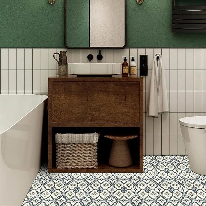 10PCS 12x12 Inch Gray Blue Vintage Floral Peel and Stick Floor Tiles Removable Self Adhesive Vinyl Flooring Stickers for Bathroom Kitchen Entryway Home Decor