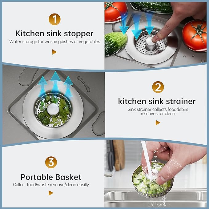 YYKBZ 3 in 1 Kitchen Sink Drain Strainer， Stainless Steel Pop Up Sink Stopper， Plug for Sink Drain Strainer with Anti-Clogging Basket for Us Standard 3-1/2"Drain Easy to Install （1pcs）