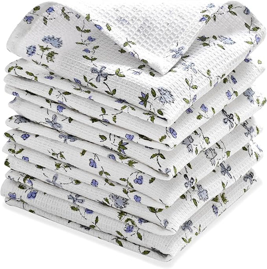 Ridhi Powder Blue Hand Block Print Cotton Waffle Dish Cloth Set of 6-12x12 Inch Super Absorbent, Soft, Reusable Kitchen Towels for Dish Drying Cleaning, Ideal for Spring, Easter, Valentine