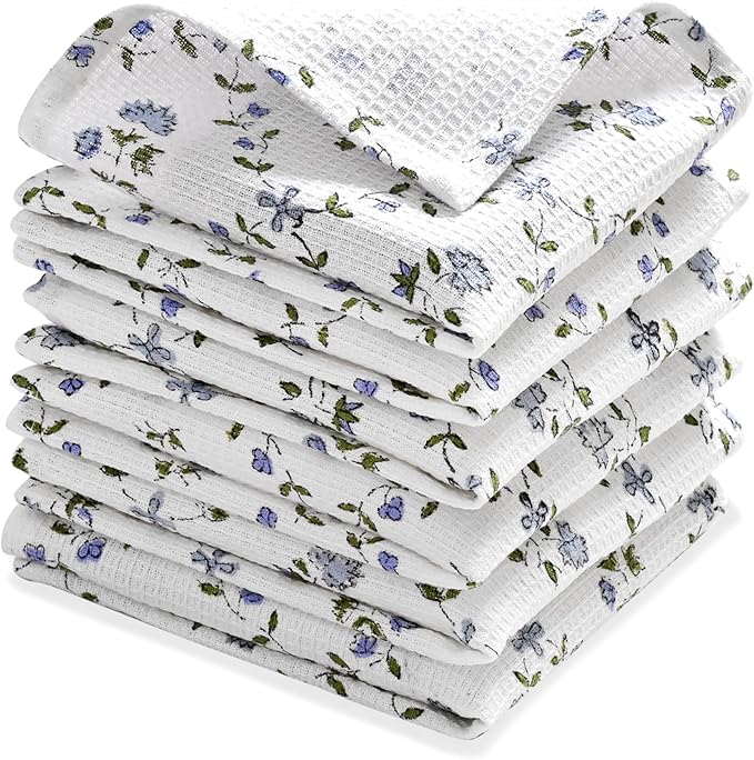 Ridhi Powder Blue Hand Block Print Cotton Waffle Dish Cloth Set of 12-12x12 Inch Super Absorbent, Soft, Reusable Kitchen Towels for Dish Drying Cleaning, Ideal for Spring, Easter, Valentine