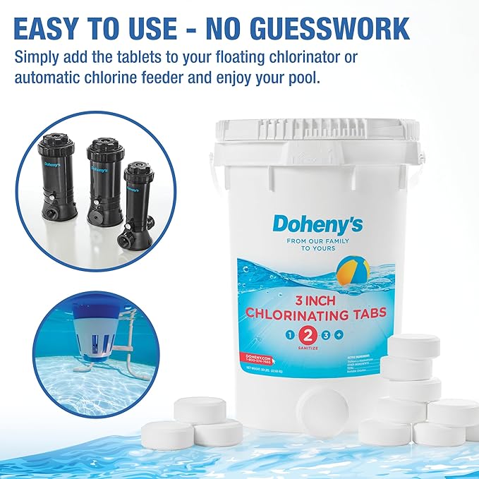 Doheny’s 3-Inch Stabilized Chlorine Tablets for Sanitizing Swimming Pools | 99% Pure Tri-Chlor, 90% Available Chlorine | Long-Lasting, UV-Protected, Slow-Dissolving | Individually Wrapped 50lb Bucket