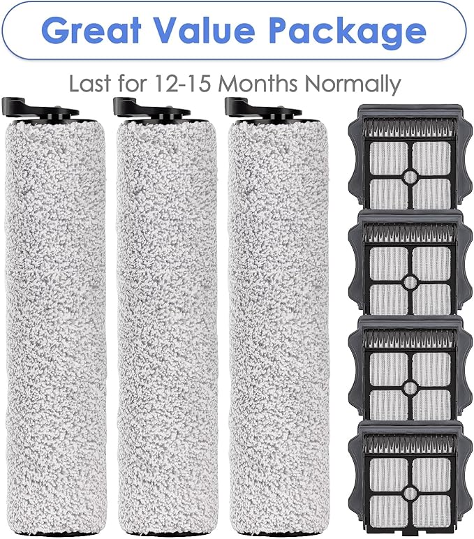 (7 Pieces) Replacement Brush Rollers and HEPA Filters Compatible with Tineco Floor One S3/ iFloor 3 Cordless Wet Dry Vacuum Cleaner, Replacement Parts Accessories Kit, 3 Brush Rollers, 4 HEPA Filters