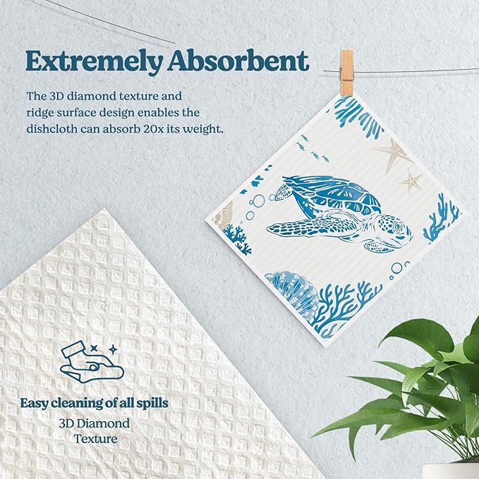 Swedish Dishcloths for Kitchen, Summer Coastal Turtle Kitchen Dish Towels for Washing Dishes, 4 Pack Reusable Paper Towels Washable, Sponge Cloths for Home Cleaning Baking Cooking Decor