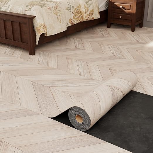 Oxdigi Peel and Stick Herringbone Vinyl Flooring Roll 23"x 118"/19 Sq.Ft, Self Adhesive Vinyl Floor Tiles Wood Plank Flooring Waterproof Wear-Resistant for Any Room, DIY Floor Coverings, Light Wood