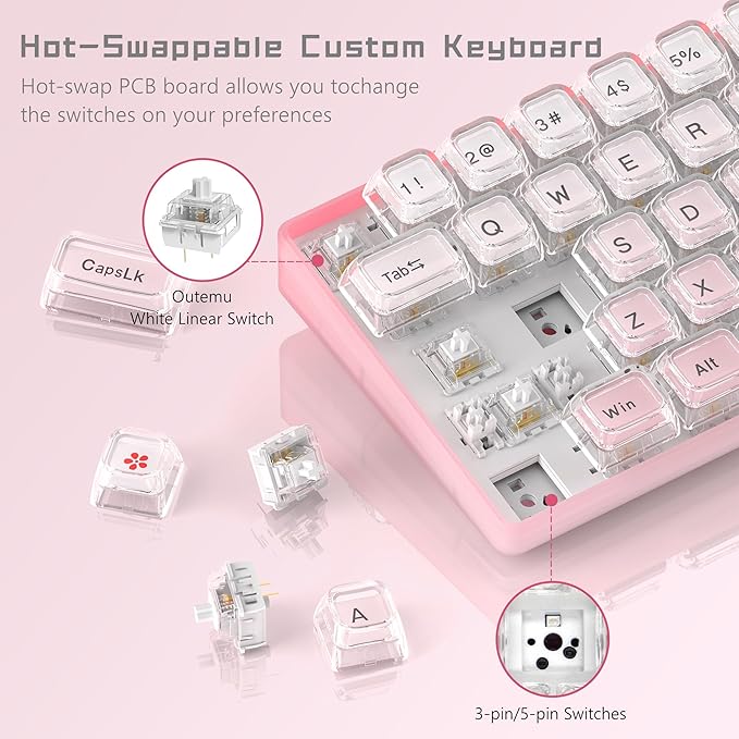 Womier 60% Keyboard Gaming Pink - Wired Creamy Mechanical Keyboard, WK68 Hot-Swappable RGB Custom Mini Key Board with Arrow Keys/Software Supported, Prelubrication Linear Switch (WK68-Pink)
