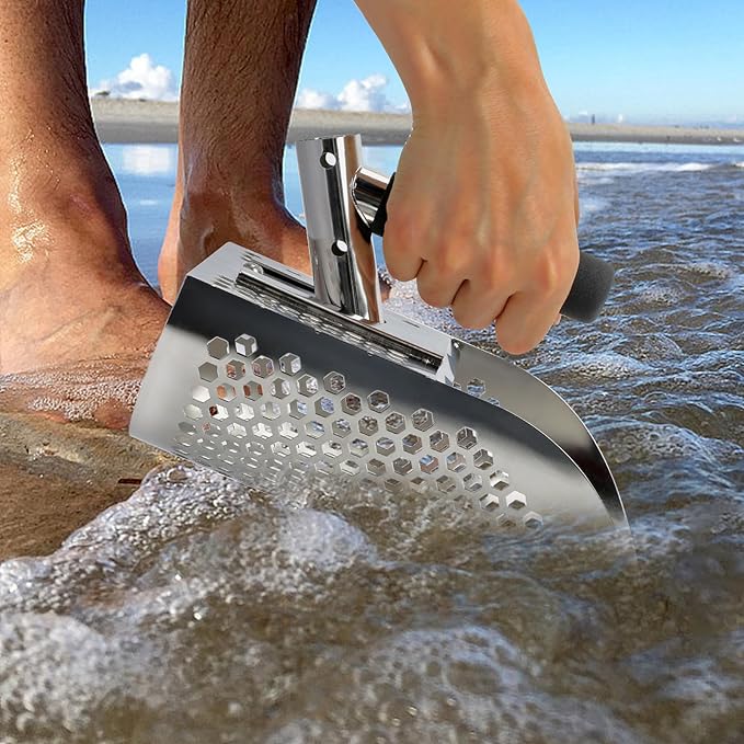 Long Handle Sand Scoop, Stainless Steel Shovel Scoop for Metal Detecting for Adults, Shovel Underwater Treasure Hunting, Adjustable Length, Handheld with Long Steel Handle Pole Design