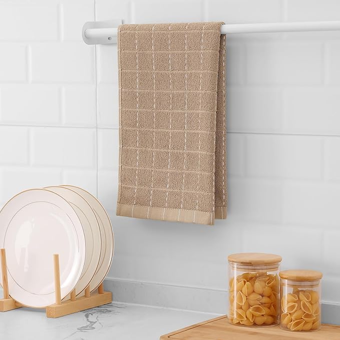 Mordimy 100% Cotton Terry Cloth Kitchen Towels, Super Soft and Absorbent Dish Towels for Drying, Checkered Designed Hand Towels for Kitchen, 16 x 26 Inches, 8 Pack, Tan