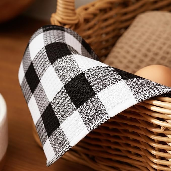 PurpleEssences Waffle Weave Plaid Dish Cloths, 100% Cotton, 12x12 Inch, Soft Absorbent Quick Drying Buffalo Check Dish Rags for Kitchen, 8 Pack, Christmas Holiday Winter - Black & White
