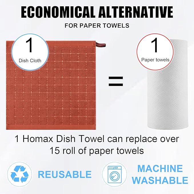 Homaxy 100% Cotton Terry Kitchen Dish Cloths, Ultra Soft and Absorbent Dish Towels for Kitchen, Suitable for Drying and Washing Dishes, 8 Pack, 12 x 12 Inches, Rust