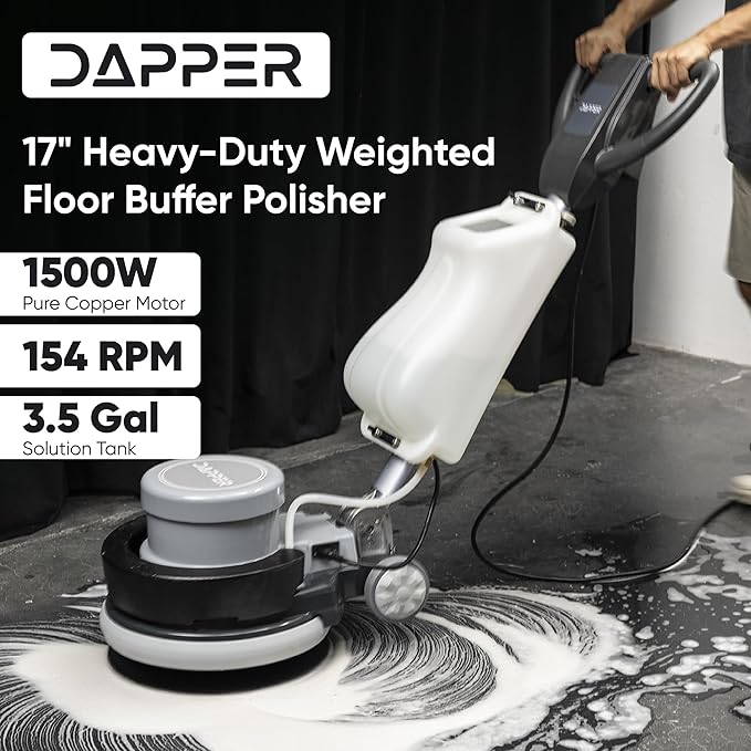 17" Heavy-Duty Weighted Floor Buffer Polisher Machine – 1500W, 154 RPM Commercial Scrubber with Removable Weights – Includes 3.5 Gal Tank, 2 Brushes & 3 Pads – Strip, Buff, Scrub & Polish Floors