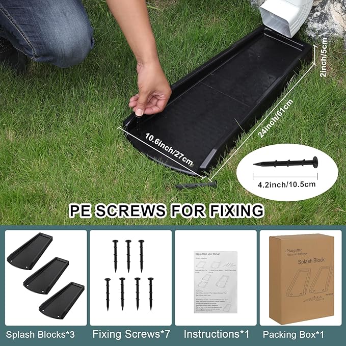 Rain Gutter Downspout Splash Block, Gutter Downspout Extensions for Water Drainage, 24" Gutter Splash Guards Downspout Extender, Fixable Down spout Drain Trays with PE Nails(3 Pack, Black)
