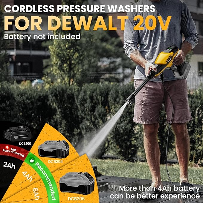 800 PSI Cordless Pressure Washer for Dewalt 20V Battery, Portable Handheld Power Washer with Brushless Motor, 6-in-1 Nozzle, 3 Level Adjustable for Car Yard Fence Wall Cleaning (Battery Not Included)