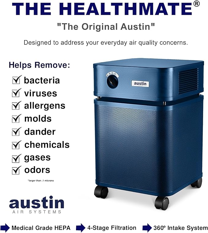 Austin Air HealthMate Standard Air Purifier Midnight Blue - Advanced 4- Stage Filtration Air Purifiers For Home with Activated Carbon & Zeolite - Ideal as Air Purifiers for Bedroom, Model B400