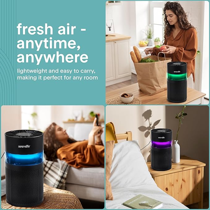 SereneLife Portable Air Purifier | Small Air Purifier For Home, Allergies, Pet Hair & Bedrooms | Filter Change Reminder & Aroma Box | Filtration Removes Dust, & Smoke Odor | Timer & Sleep Mode | Black