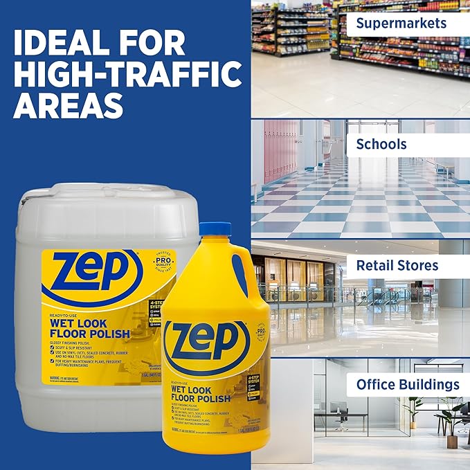 Zep Commercial Wet-Look Floor Polish, 4-1 Gallon Bottles, Protects Against Spots, Stains and Scuffs, Slip-Resistant High Gloss Finish (ZUWLFF128)