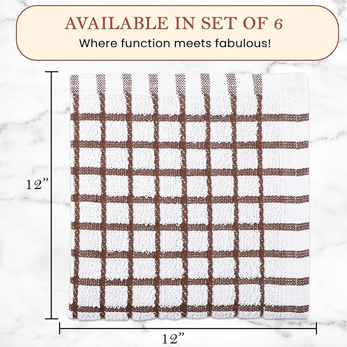 Vintage Vista 100% Cotton Dish Cloths (Pack of 6) - Dish Rags for Washing Dishes - Reusable & Highly Absorbent Kitchen Towels - Kitchen Rags for Christmas - (12" x 12" - Natural Brown Checkered)