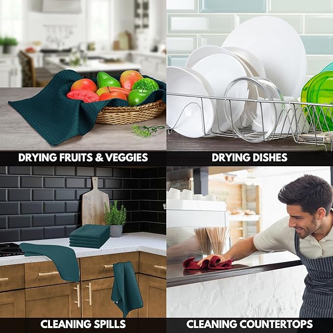 Teal Green Waffle Kitchen Dish Towels 100% Cotton, Soft, Absorbent, Quick Drying, Multipurpose Use, Bar & Tea Towels, 16x26 Inches, Durable, Machine Washable, Reusable, Set of 4