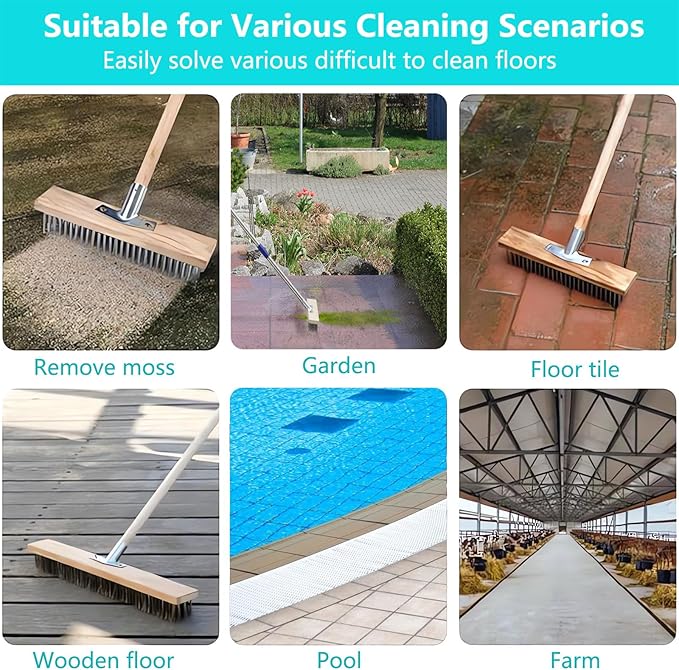 Concrete Scrub Brush - Concrete Brush Wire Broom with 62" Long Handle - Deck Brushes for Scrubbing Heavy Duty Stiff Metal Bristle Floor Scrubber Brushes for Cleaning Moss Grout Garage Patio