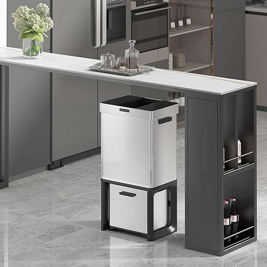 19 Gal Kitchen Automatic Motion Sensor Trash Can with 2 Recycling Dustbin(13.2 Gal+5.8 Gal),Ozone Odor Control Stainless Steel Garbage Can with Slide-Open Lid