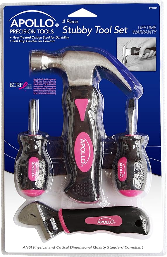 Apollo Tools 4 Piece Stubby Tool Set for Small Hands and Tight Spaces. Convenient, Compact Small Tool Set includes Mini Hammer, Mini Screwdriver Set, Mini Wrench - Pink Ribbon - Pink - DT0240P