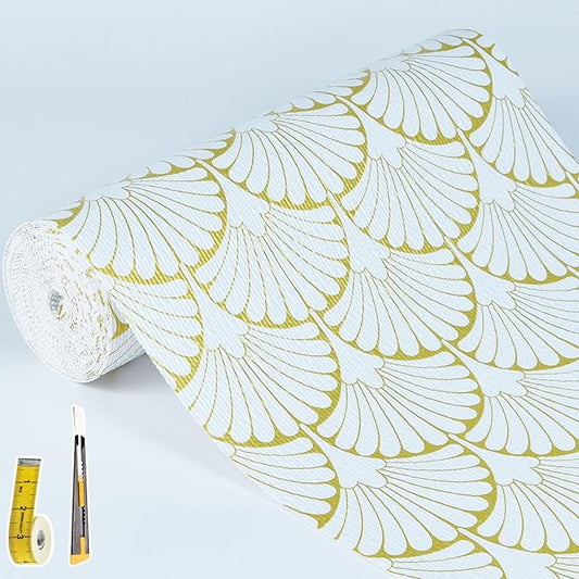 Shelf Liners Non Adhesive Gold Background White Fan-Shaped Pattern - Thickened Non-Slip Easy to Clean Drawer Liner for Kitchen Cabinets, Tool Box,Refrigerator,with Knife & Tape Measure,17in x 20FT.
