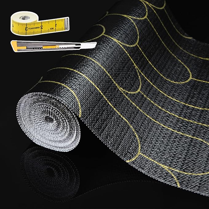 Shelf Liners for Kitchen Cabinets Drawer Liner 23.6in x 30FT Non Adhesive Black Gold Line Thickened Refrigerator Shelf Liner Paper Strong Easy to Clean for Tool Box with Knife and Tape Measure