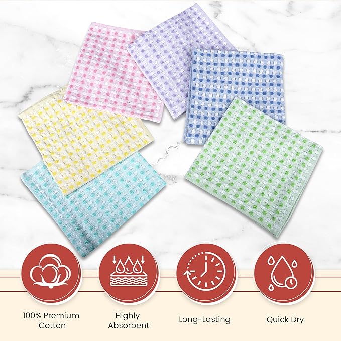 Vintage Vista 100% Cotton Dish Cloths (Pack of 6) - Dish Rags for Washing Dishes - Reusable & Highly Absorbent Kitchen Towels - Kitchen Rags for Christmas - (12" x 12" - Multicolor Honeycomb)