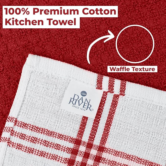 DAN RIVER Premium Kitchen Towels - [Pack of 12] 100% Cotton (16x 26 Inches) -Super Soft,Highly Absorbent, Quick Dry, Dish Towels for Kitchen Towels -Red