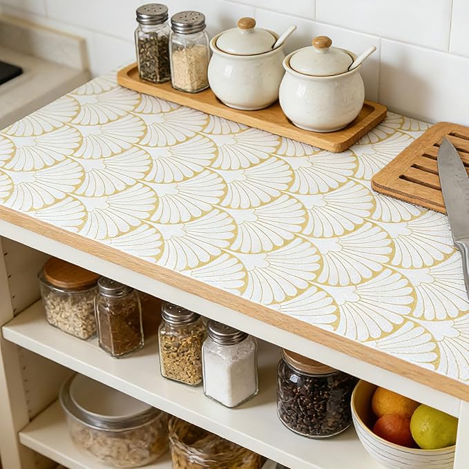 Shelf Liners Non Adhesive Gold Background White Fan-Shaped Pattern - Thickened Non-Slip Easy to Clean Drawer Liner for Kitchen Cabinets, Tool Box,Refrigerator,with Knife & Tape Measure,17in x 20FT.