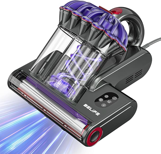 Belife M8 Mattress Vacuum Cleaner, Anti-allergen Bed Vacuum Cleaner with UV & Hot Air & High Heating, 550W 18Kpa Powerful Suction Double-Cup Handheld Vacuum for Bed, Couch, Sofa, Corded (Black)