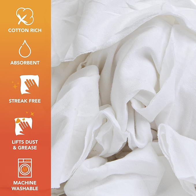 Arkwright W43 Cotton Tshirt Rags - 5 lb Bag - Soft Lint Free Cloths for Cleaning, Streak & Scratch-Free, Professional Grade Wiping Towels for Polishing, Painting, and Staining, White