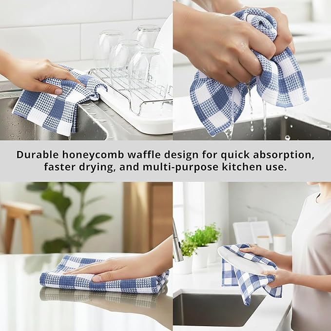 PurpleEssences 100% Cotton Waffle Weave Check Plaid Kitchen Towels, Super Soft and Absorbent Dish Towels for Drying Dishes 15x25-6 Pack - Christmas Holiday Winter - Smoky Grey and White